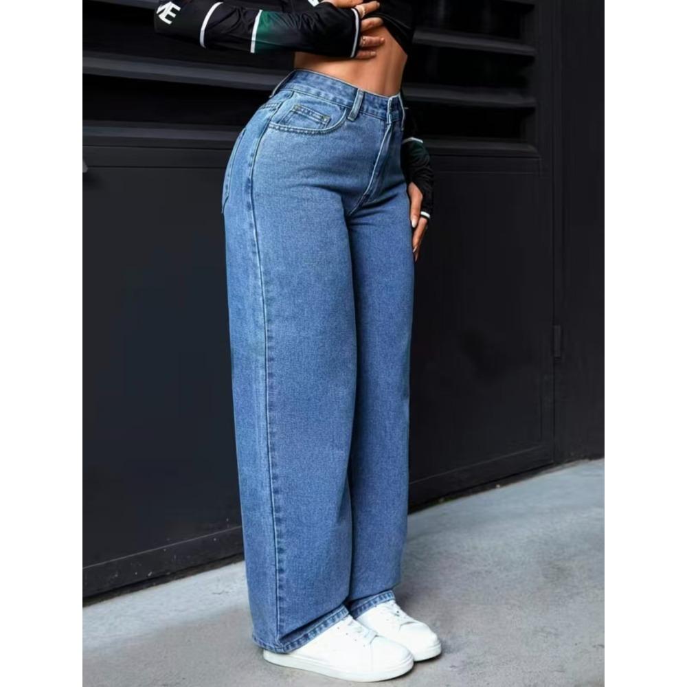 High-waisted Wide-leg Loose Stretch Straight Jeans for Women, Summer Style Loose Fit High-waisted Jeans Light Blue Cotton Casual Denim Pants
