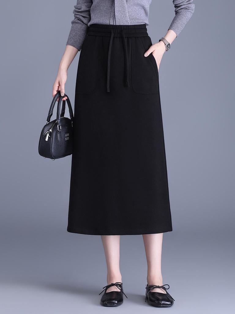 Slimming Draped Black Midi Skirt - Spring/Summer 2026 Collection, Elastic Waist, Casual Fit