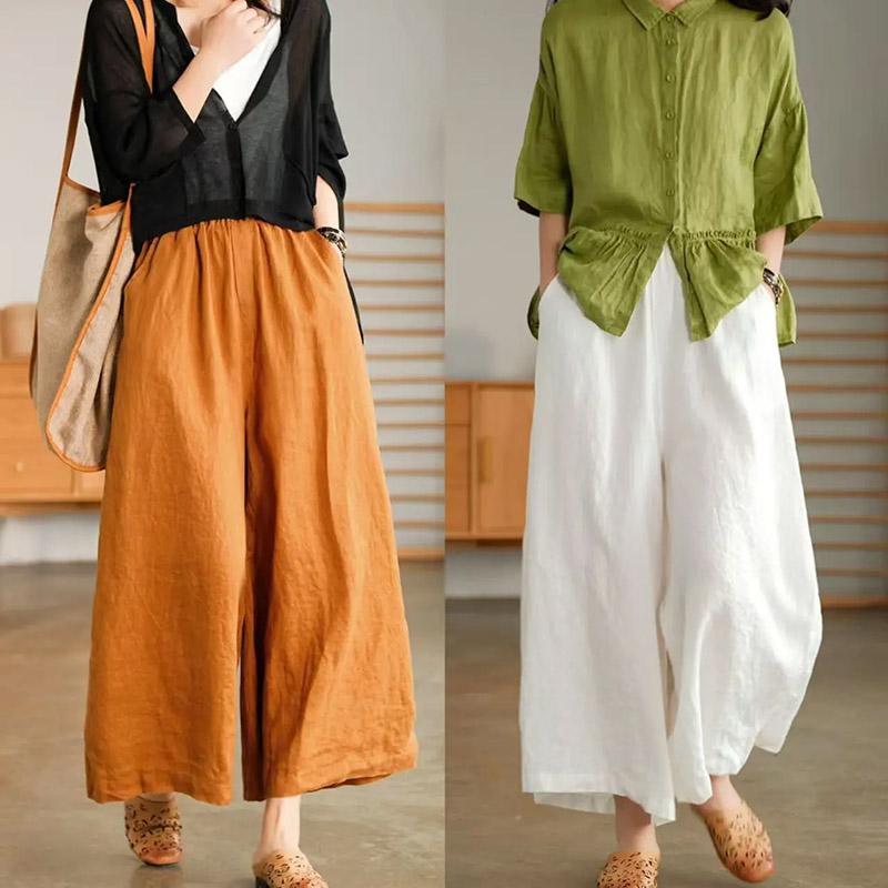 Pants Summer Women Plus Size Cotton Loose Pajama Pants Versatile Casual Solid Color Wide-leg Linen Pants