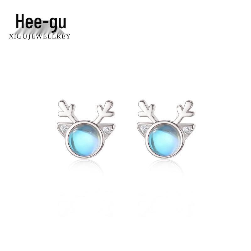 Higu E1015 S925 Silver Moonstone Antler Stud Earrings - New Christmas Trend, Mori Style
