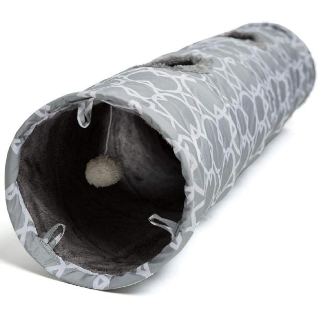 LUCKITTY Geometric Straight Cat Tunnel with Plush Inside,Cats Toys Collapsible Tunnel Tube with Balls, for Rabbits, Kittens, Ferrets,Puppy, Diameter