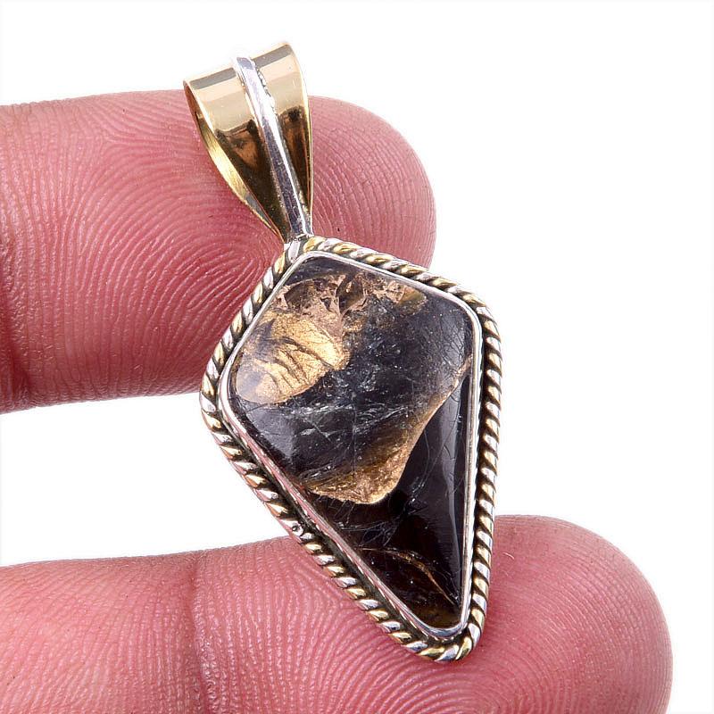 

Natural Black Copper Turquoise 925 Solid Silver Gift TwoTone Pendant 1.50 L9j26