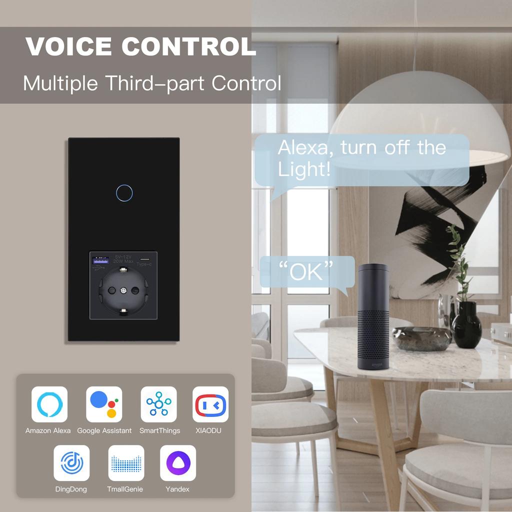 BSEED Wifi 1/2/3Gang Wall Light Switches Touch Panels Tuya Smart Life App Control With EU Power Sockets 20W USBC Charging Ports