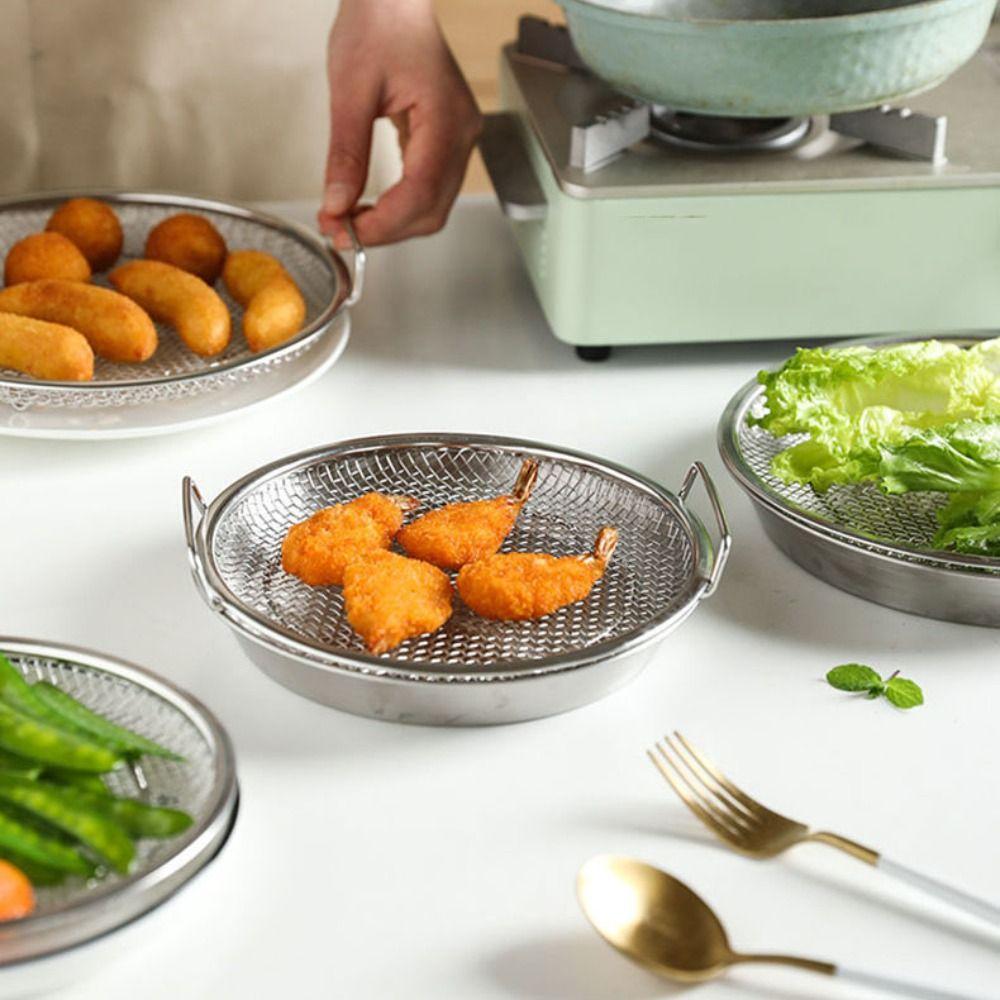 Stainless Steel Tempura Oil Drain Rack with Handle Kitchen Oil Filter Pan BBQ Food