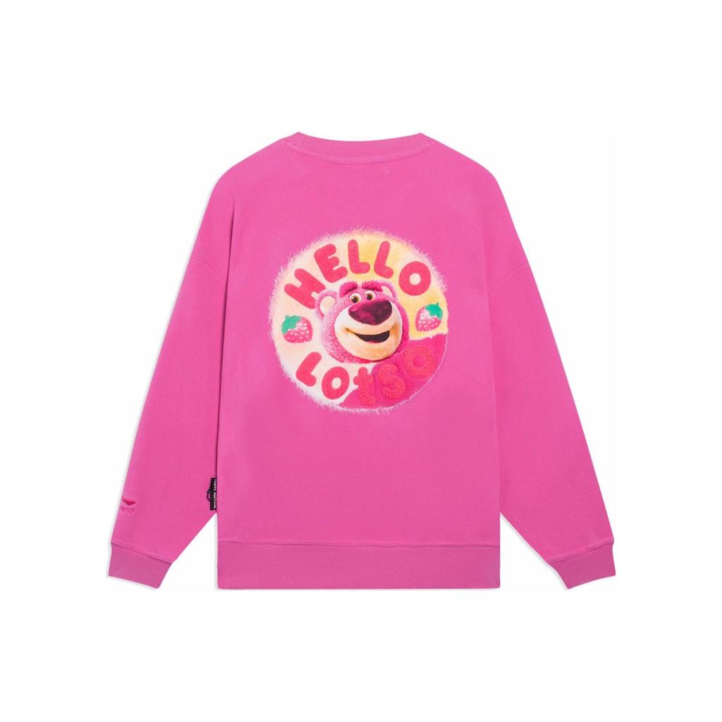Li-Ning Toy Story Series Logo Print Plush Warm Loose Crew Neck Pullover Sweatshirt Women Tops Pink AWDSF36-1