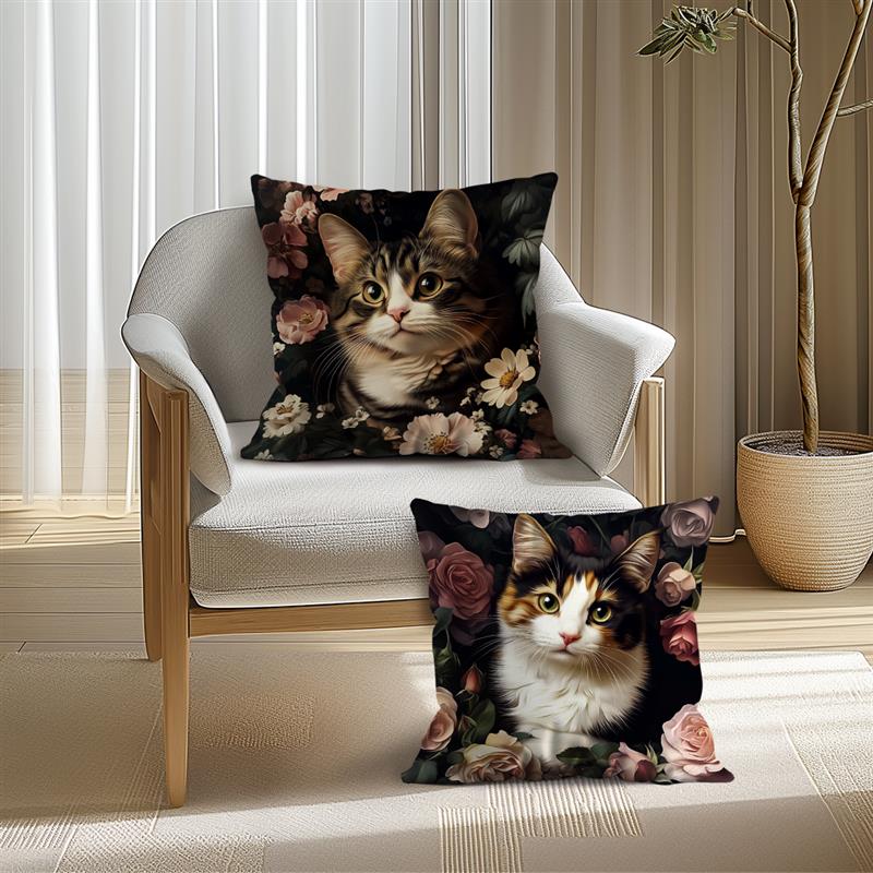 1 Pc Retro Cat Flowers Pillow Cover For Home Living Room Bedroom Sofa Office Decorative Pillowcase Soft Throw Pillows 45*45 Cm