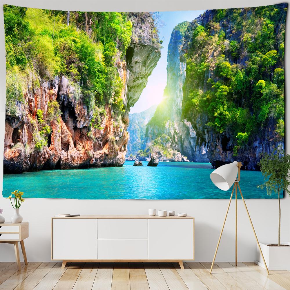 Mountain And Stone Tapestry Wall Hanging Natural Scenery Sailboat Bohemian Hippie Table Mat Bedroom Home Decor