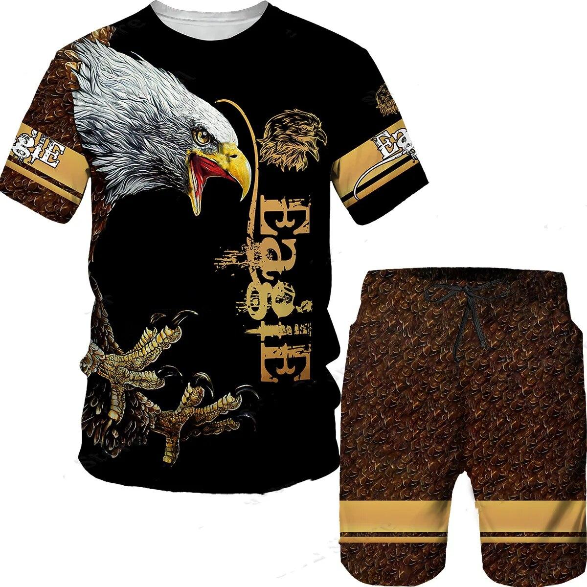 

Летние крутые мужские повседневные костюмы белого белоголового орлана с камуфляжным принтом, футболка в уличном стиле, шорты, мужской комплект Chandal