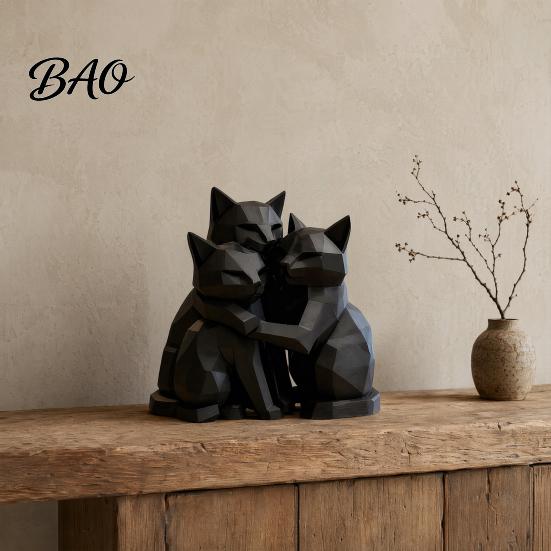 Modern Cat Decor 3D Printed Black Figurine, Three Hugging Geometric Statue, Animal Shape Sculpture for Home Office Bookshelf Durable Ornament