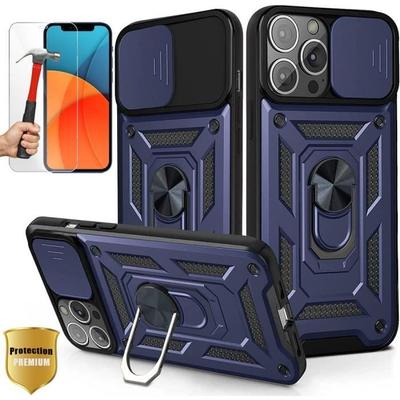 Protective Case - Unbreakable - for iPhone 13 Pro Max - Dark Blue - Flexible Stand - 2 Tempered Glasses