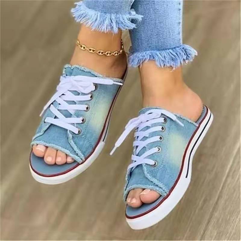 2026 Fashi Women Canvas Sandals Breathable  Slippers Lace Up Open Toe Ladies Faux Denim Flat Shoes Zapatos Mujer
