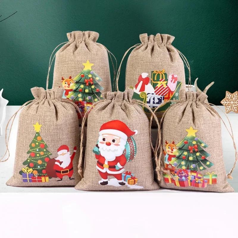 1/30pcs Mini Christmas Drawstring Gift Bags Linen Santa Claus Elk Candy Biscuit Storage Bags Kids New Year Party Packaging Pouch