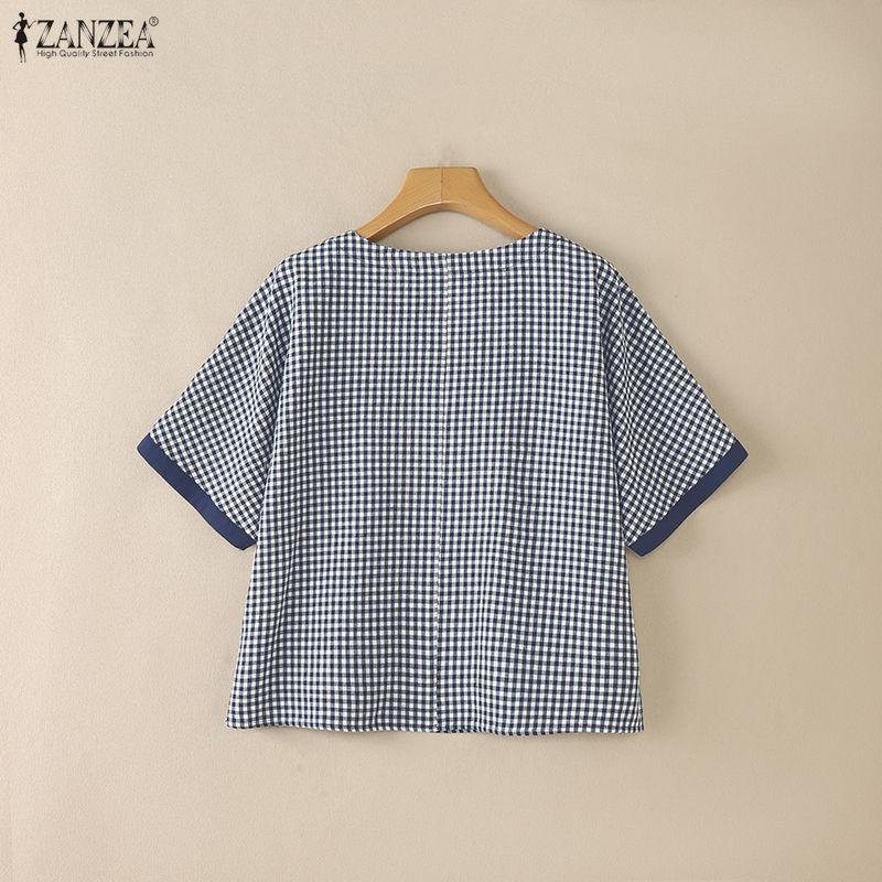 ZANZEA Damen Lässige Rundhals Kurzarm Karierte Print Bluse