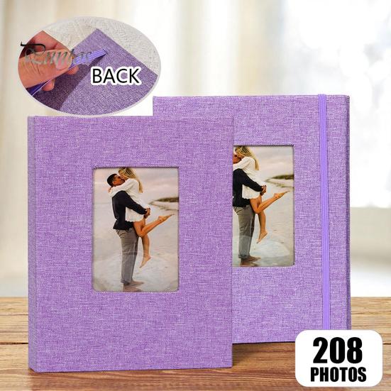 Linen Photo Album Fabric with 208 Pockets Slip-in Picture Albums Cover Memory Family Storage Book Front Window for Anniversary Vacation Wedding