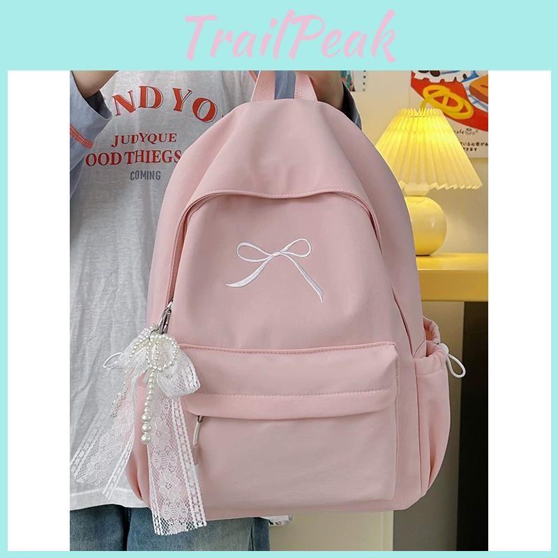 Bow Embroidery Ribbon Nylon Backpack Large Capacity Laptop Schoolbag Fashion
