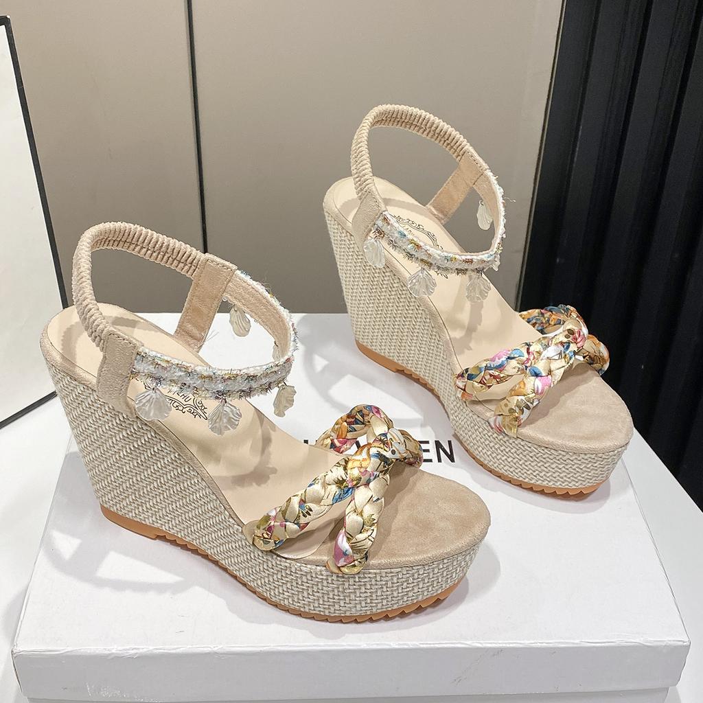 Fashion Clogs With Heel High Heeled Sandals Woman 2025 All-Match Ladies Shoes Summer Buckle Strap Large Size Suit Female Beige Thick Hig