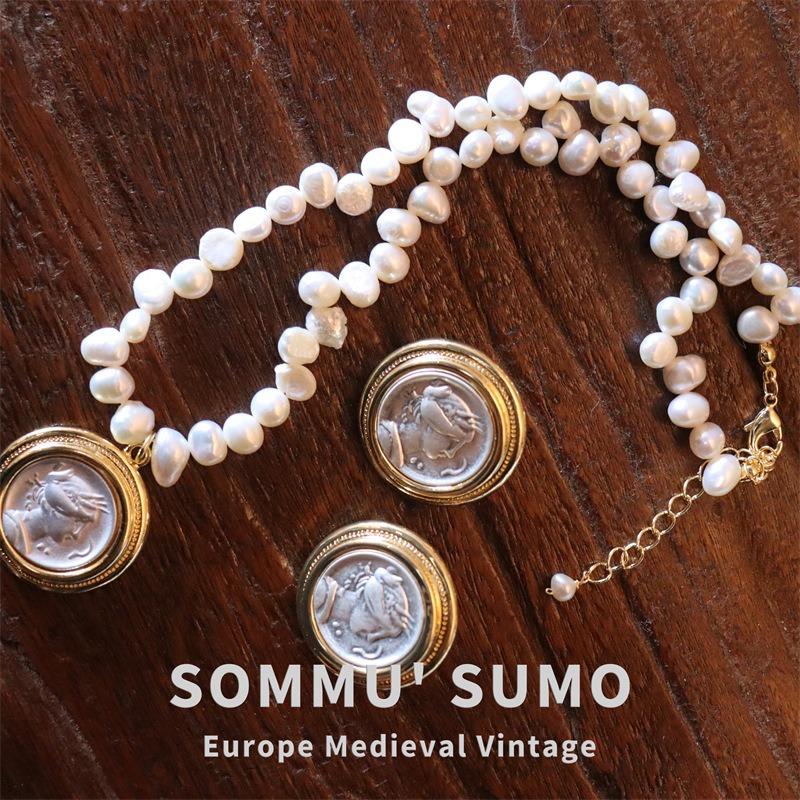 18K Electroplated Real Gold Diamond Hercules Ancient Coin Necklace, Portrait Antique Pendant Inlaid with Baroque Pearl Earrings