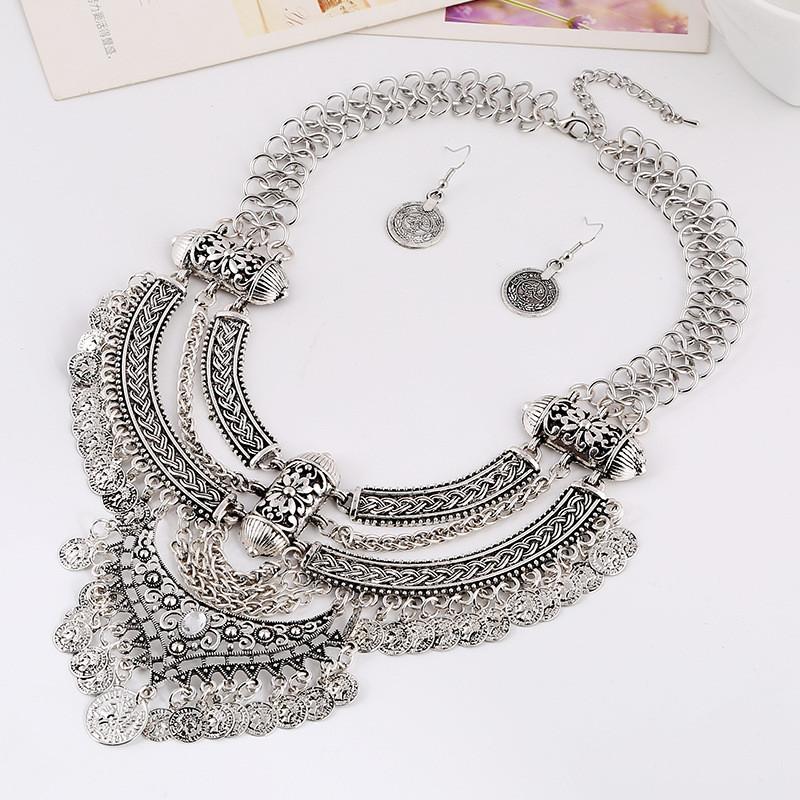 Coin Antique Finish Necklace Earrings With Bold Chain Women Elegant Accessories