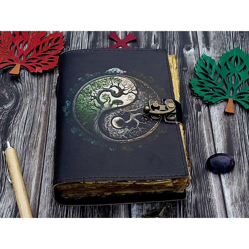 

кожаный блокнот ручной работы кожаный блокнот с принтом дерева для мужчин женщин пустой журнал заклинаний книга теней бумага ручной работы 200 страниц 7 x 5 in