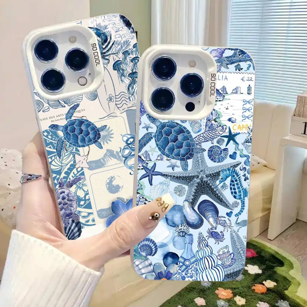 Coastal Sea Star Turtle Ocean Colored Silver frosted For iPhone Phone Case 17 16 15 14 13 12 11 Pro Max XR Plus Shockproof