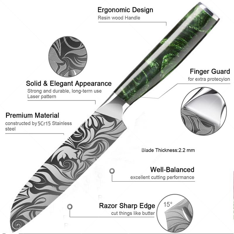 Stainless Steel Santok Knife Exquisite Laser Cut Meat Cutting Fruit and Vegetable Knife Green Resin Handle Household Kitchen Knife