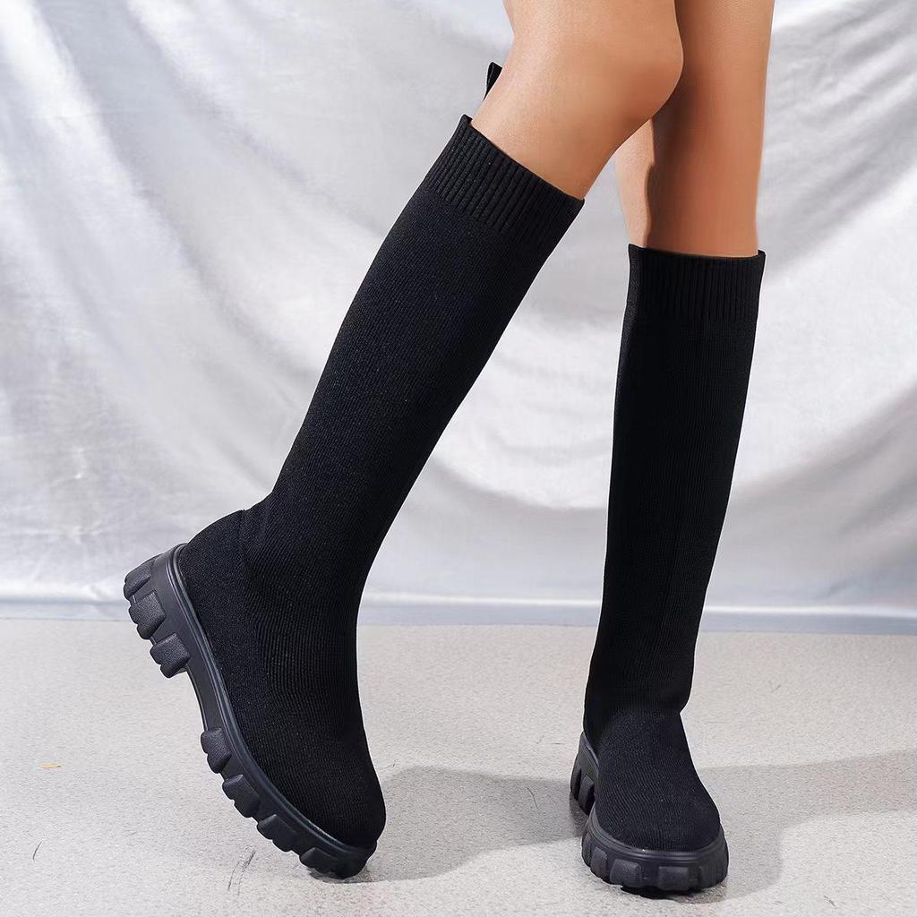 Autumn/Winter European and American Fashion Flying Woven Socks Boots for Women - Thick Heel Martin Boots