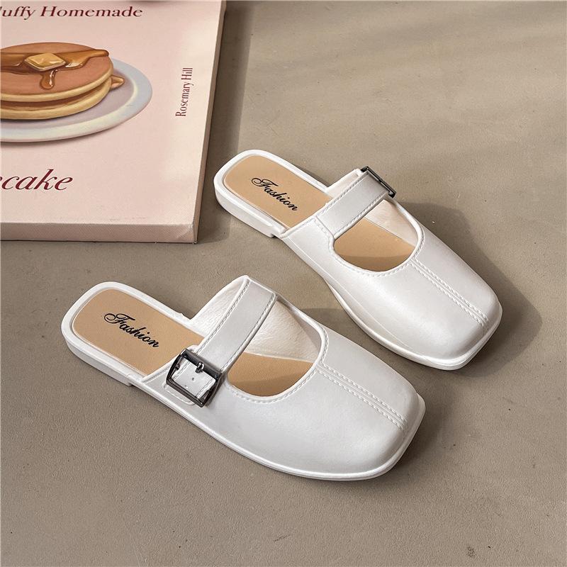 Neue halbe Packung Nischentasche Kopf Sandalen Damenschuhe Retro flacher Boden eckiger Kopf Mode Einzelschuhe