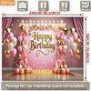 Pink Gold Birthday Tapestry, "Happy Birthday" with Floral and Balloons for Photo Booth