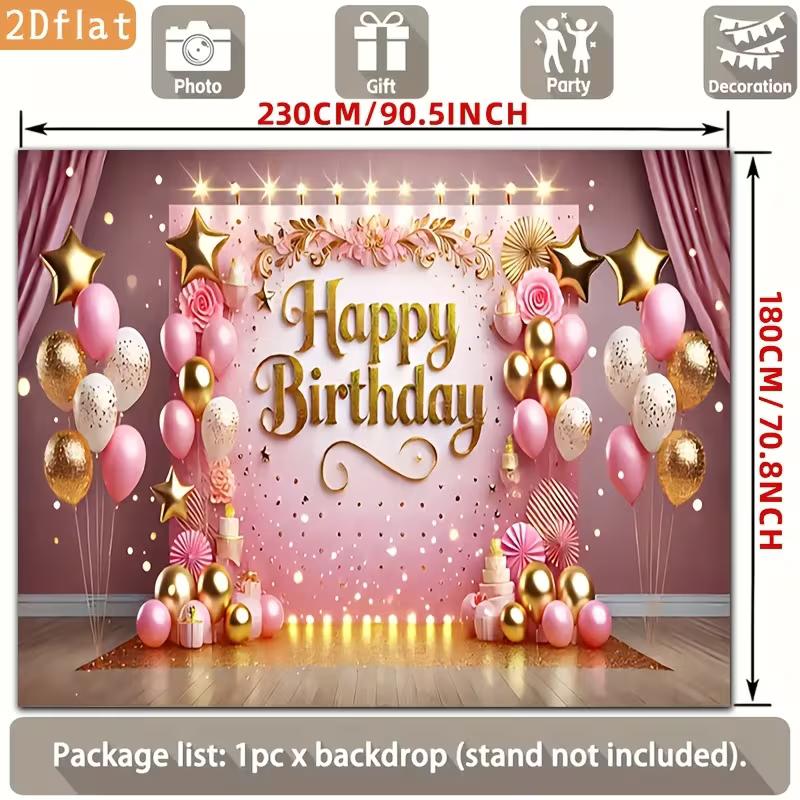 Pink Gold Birthday Tapestry, "Happy Birthday" with Floral and Balloons for Photo Booth