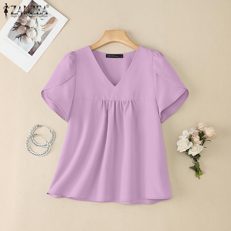 ZANZEA Dámská letní ležérní halenka s krátkým rukávem a výstřihem do V