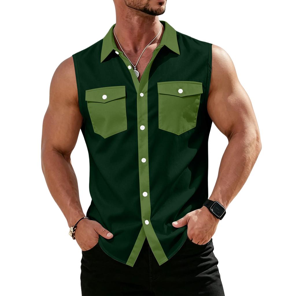 Men's Workwear Lapel Button-Down Vest Shirt - Lightweight Sleeveless Top