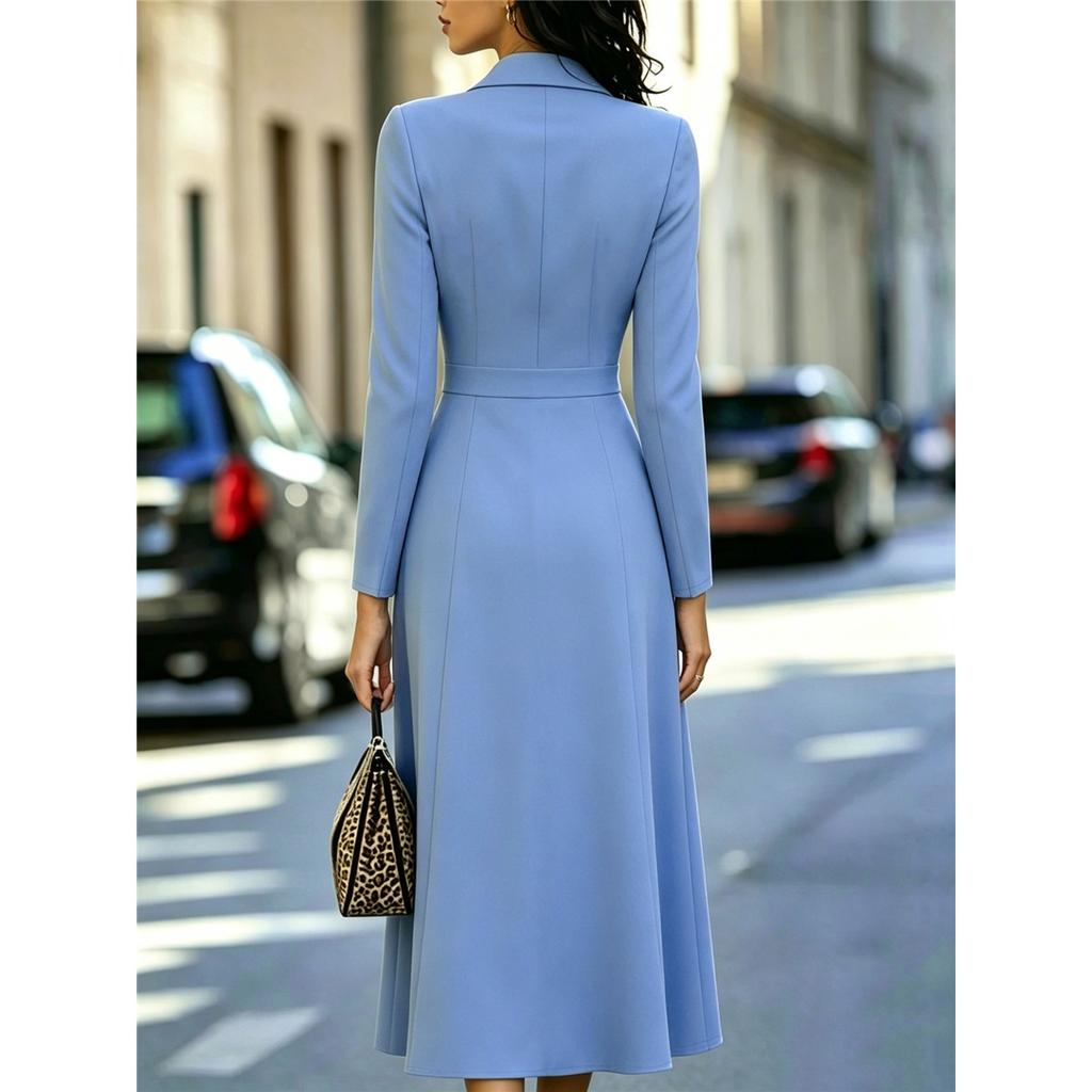 Women Blazer Collar Midi Dress Double Breasted Long‑Sleeve Slim Waist A‑Line Formal Party Dress