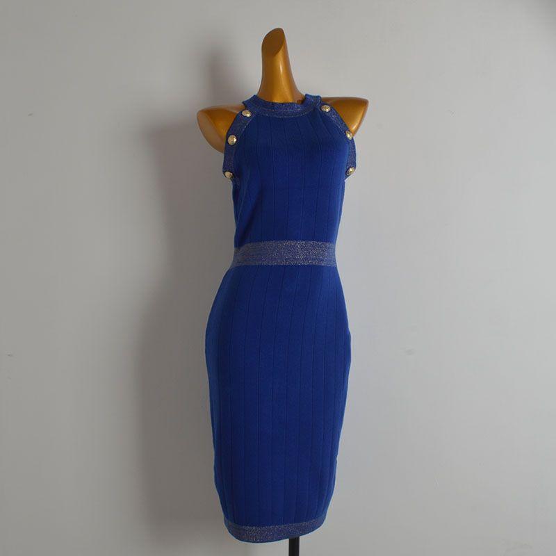 

Sample Clothes Sexy Sexy round Neck Halter Decorative Buckle Sleeveless Knitting Dress Women s Clothing Spring & Fall Nipped-Waist Vest Dress Blue One size