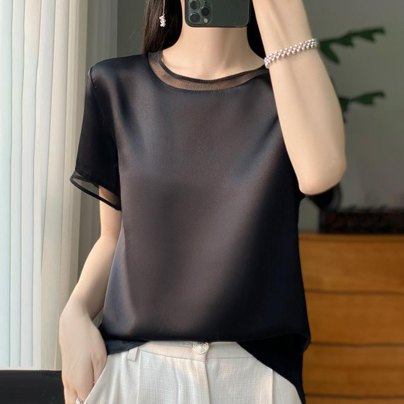 Silk Satin Spring and Summer Women's Short Loose Round Neck Color Matching Mesh Short-sleeved T-shirt Temperament Thin Top
