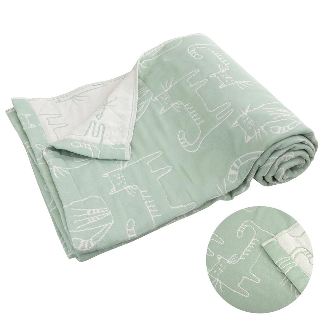 Rivere Gauze Cat Cotton Summer Lightweight Throw Blanket, Single, Triple-Layer Gauze, Print, Blend, Blanket, (Green)