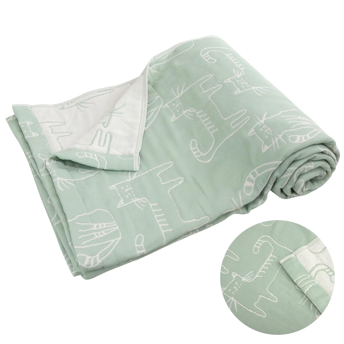 

Rivere Gauze Cat Cotton Summer Lightweight Throw Blanket, Single, Triple-Layer Gauze, Print, Blend, Blanket, (Green) зелёный