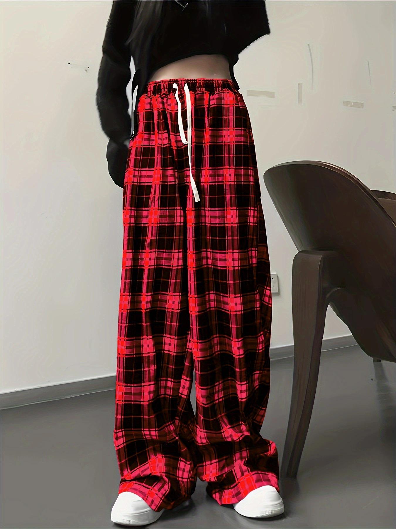 

2026 Summer High-Waisted Plaid Loose Pants - Black and White Medium красный