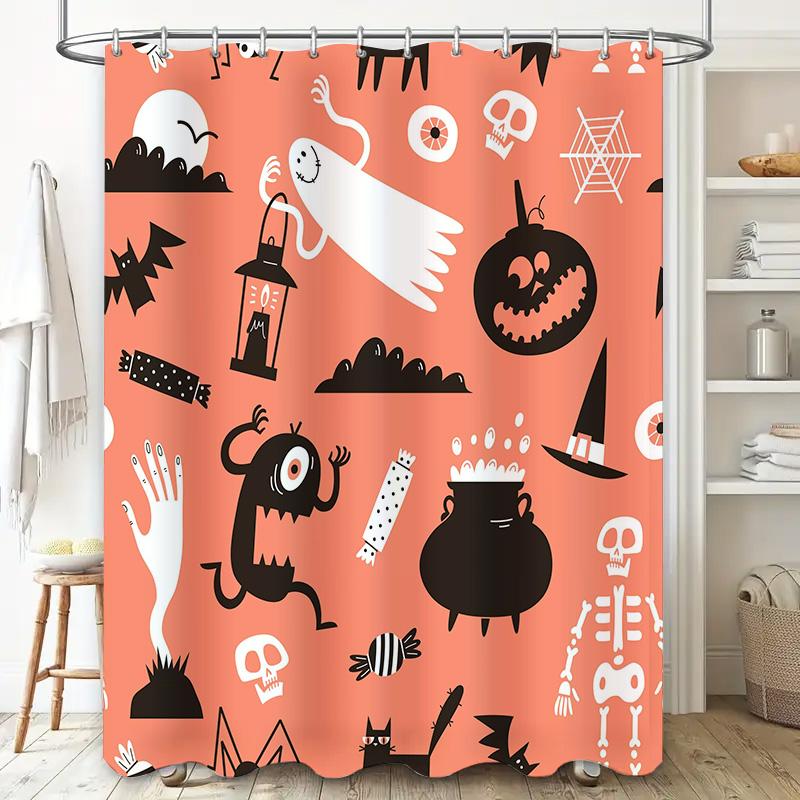 Halloween-themed waterproof shower curtain with spooky patterns designed for Halloween decor in bathrooms Coral color option ava