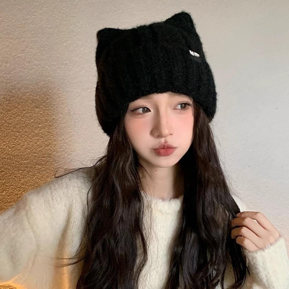 Solid Color Fleece-lined Warmth Knitted Beanies Hip Hop Anti-cold Winter Autumn Hats Outdoor Cat Ear Warm Ear Protection