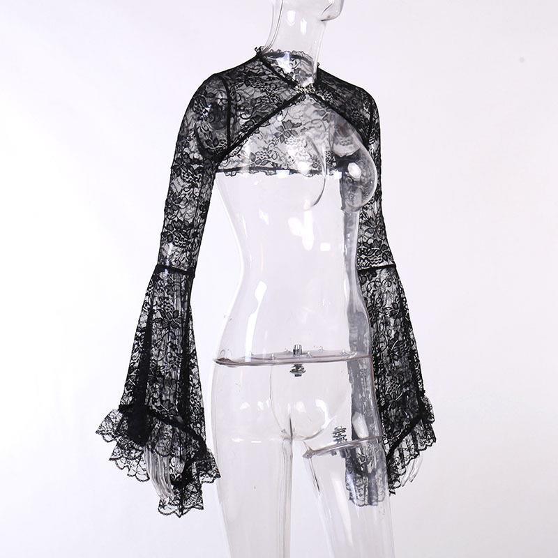 JY22221 Bell Sleeve Lace Hollow-Out Silk Cardigan for Women - European & American Autumn/Winter Fashion