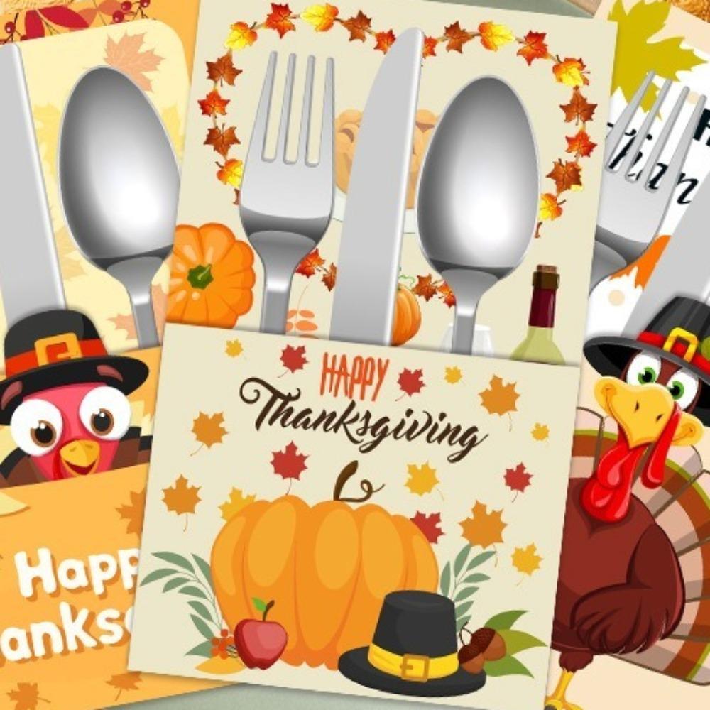 6pcs Autumn Theme Desktop Cutlery Holder Bags Turkey Maple Leaf Tableware Cover Autumn Harvest