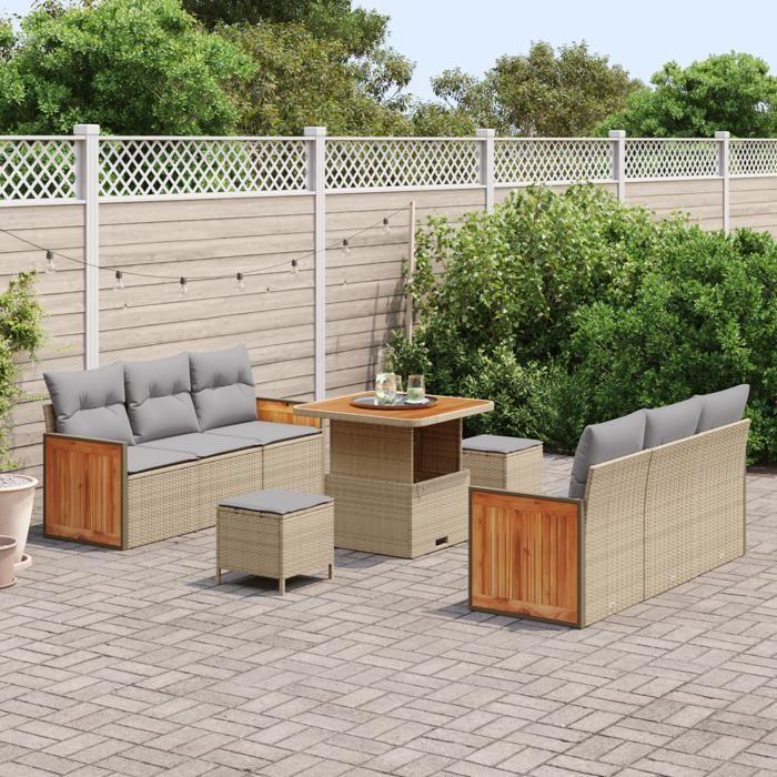 Ensemble de Canapé de Jardin de 9 Pièces avec Coussins Beige Poly Rattan Acacia, Ensemble de Salle à Manger de Jardin de 3 3365207