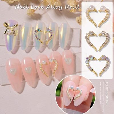 5Pcs Crystal Nail Rhinestones Charm Pearls 3D Heart Alloy Nail Art Decoration Splice Love Manicure Jewelry
