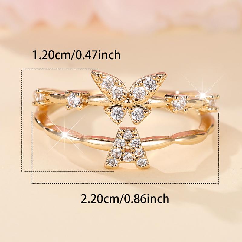 Double Layer Zircon Butterfly 26 Letters Open Rings for Women Gold Color Adjustable Ring Finger Jewelry Wedding Gift