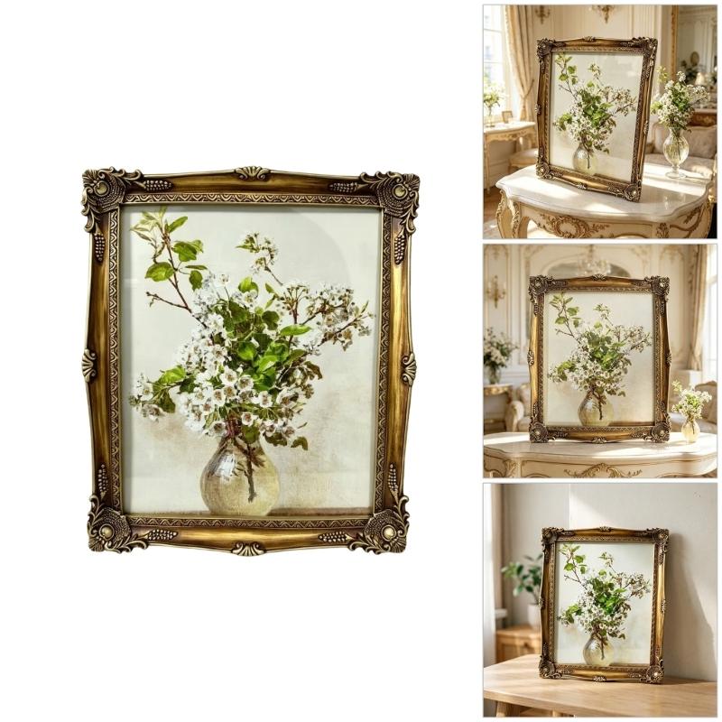 Living Room Wall Art Picture Frame, Ornate Resin Florals Artwork Framed Decors with European Relief Detailing, Decorative Photo Frame for Bedroom and