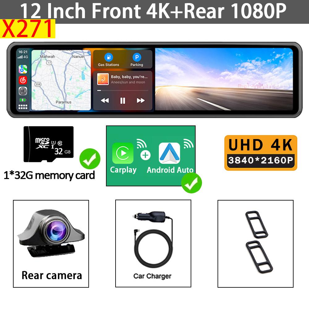 12” 4K Car DVR Carplay Android-Auto Dash Cam Dual Len Video Drive Recorder Stream Mirror Dashcam Camera FM 5G Wifi GPS Bluetooth