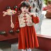 Girls' Chinese-Style Red Long-Sleeved Dress for Autumn/Winter - Stylish Princess New Year Outfit