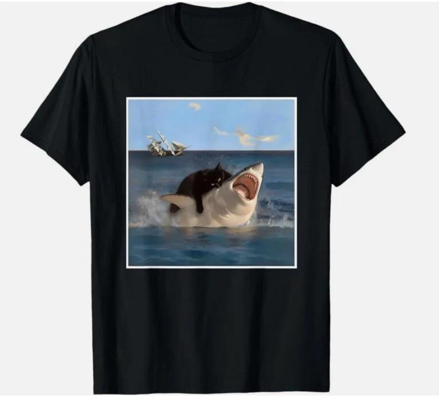 Cool Fat Cat Tee – Funny Cat Biting Shark Art Meme Lover Shirt S