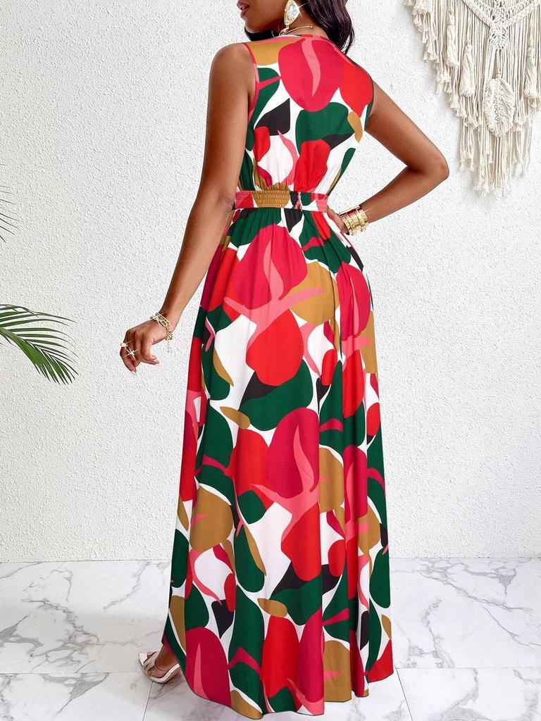 Elegant European & American Women's Sleeveless V-Neck Dress - Sexy, Fashionable, Printed Design 2026