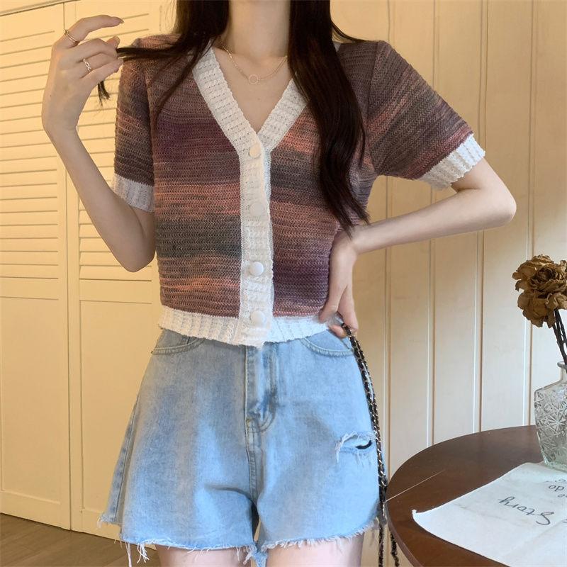 Color Blocking Tie Dye V-neck Temperament Small Fragrance Style Short Sleeved Knitted Shirt Loose Slimming Short Top for Women In Summer